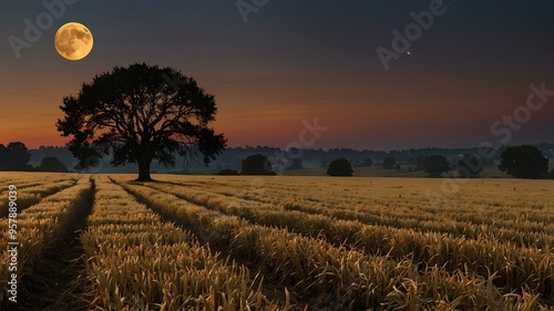 Harvest moon nights. Large moon rising over golden fields, warm glow over landscape as twilight turns to night. Realistic style. photo