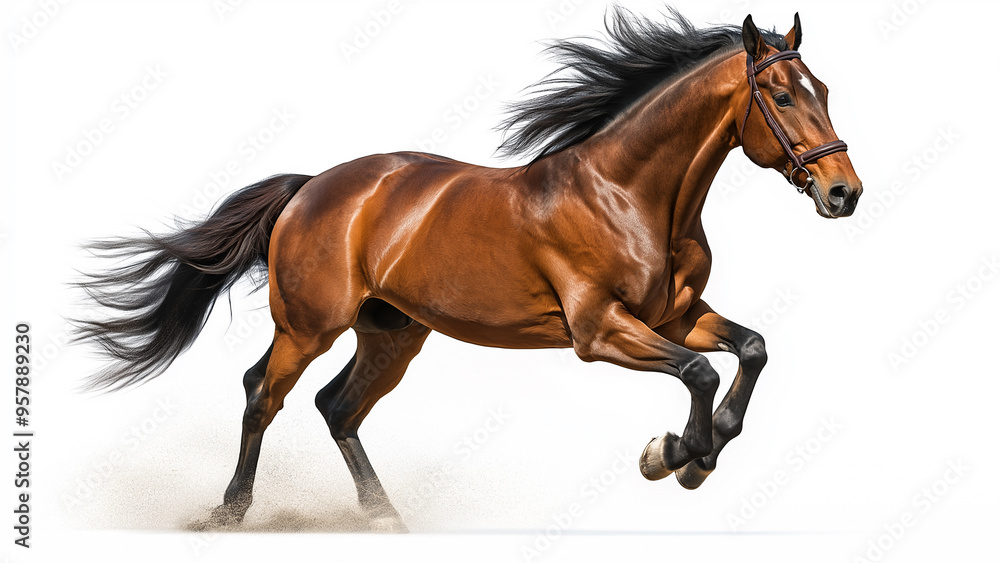Brown horse running on a white background, symbolizing strength, freedom, and elegance, perfect for equestrian themes. Brown horse running on a white background, symbolizing strength, freedom, and elegance, perfect for equestrian themes.