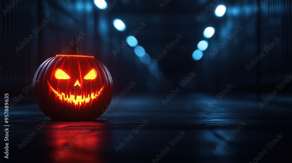 Illuminated Pumpkin Carvings in Dark Futuristic Alley with Eerie Neon Lights - Copy Space for Text Illuminated Pumpkin Carvings in Dark Futuristic Alley with Eerie Neon Lights - Copy Space for Text