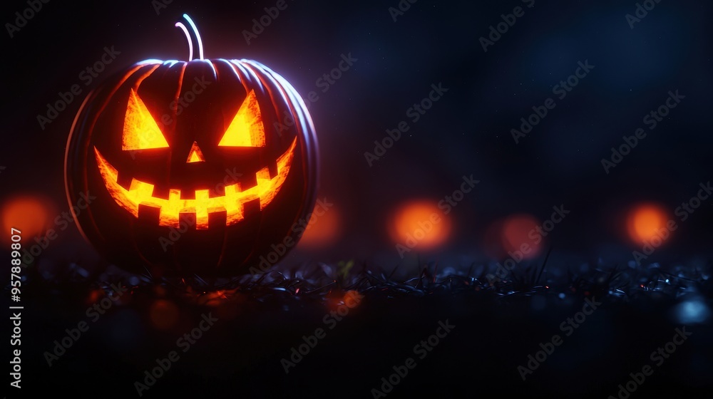 Glowing Neon Jack-O'-Lantern Suspended in Digital Ether with Eerie Atmosphere, Futuristic Halloween Concept. Glowing Neon Jack-O'-Lantern Suspended in Digital Ether with Eerie Atmosphere, Futuristic Halloween Concept.