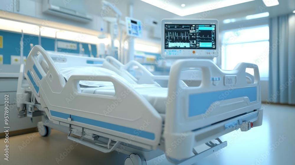 Modern Hospital Room with Empty Hospital Bed and Medical Equipment Modern Hospital Room with Empty Hospital Bed and Medical Equipment