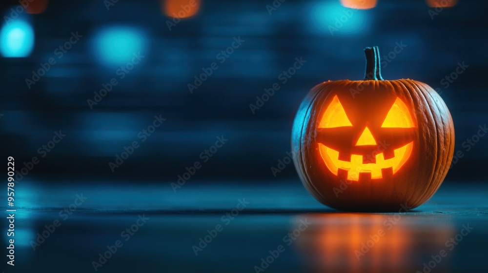 Glowing Pumpkin Digital Carvings on Neonlit Tech-Infused Background with Copy Space, Selective Focus in Ultra HD Glowing Pumpkin Digital Carvings on Neonlit Tech-Infused Background with Copy Space, Selective Focus in Ultra HD