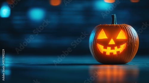 Wallpaper Mural Glowing Pumpkin Digital Carvings on Neonlit Tech-Infused Background with Copy Space, Selective Focus in Ultra HD Torontodigital.ca