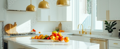 A modern kitchen with a white countertop, gold accents, and a bowl of fruit. photo