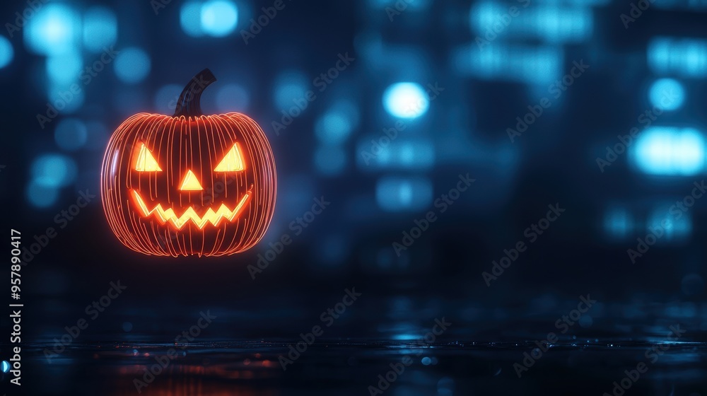 custom made wallpaper toronto digitalGlowing Neon Jack-o'-Lantern in Cyberpunk Urban Environment, Futuristic Halloween Concept with Copy Space.