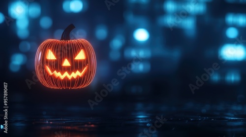 Wallpaper Mural Glowing Neon Jack-o'-Lantern in Cyberpunk Urban Environment, Futuristic Halloween Concept with Copy Space. Torontodigital.ca