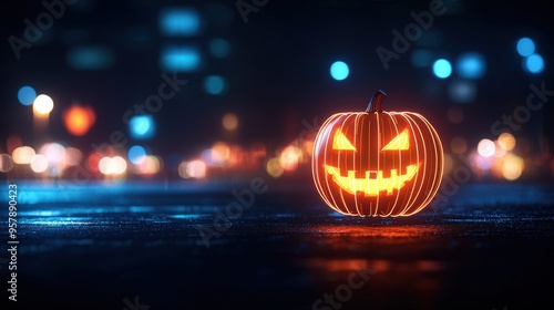 Wallpaper Mural Glowing Neon Jack-o'-Lantern in Futuristic Urban Setting with Copy Space, Selective Focus - Ultra HD Torontodigital.ca