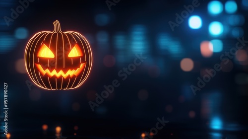 Wallpaper Mural Glowing Neon Jack-o'-Lantern in Futuristic Urban Setting with Copy Space, Selective Focus - Ultra HD Torontodigital.ca