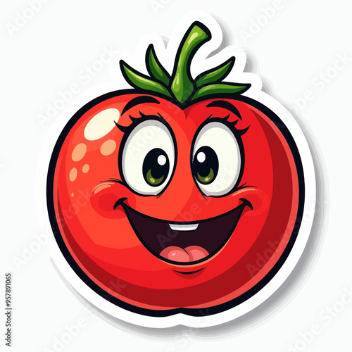 Cheerful Red Tomato with Green Stem and Leaves, Smiling and Winking