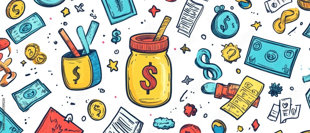 Colorful Doodle Seamless Pattern with Playful Money Symbols, Investment Charts, and Saving Jars Colorful Doodle Seamless Pattern with Playful Money Symbols, Investment Charts, and Saving Jars
