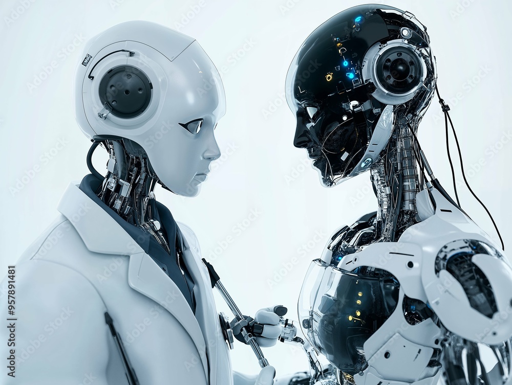 Two futuristic humanoid robots facing each other in a high-tech setting, showcasing advanced artificial intelligence and sleek design in a scene that emphasises technological evolution. Two futuristic humanoid robots facing each other in a high-tech setting, showcasing advanced artificial intelligence and sleek design in a scene that emphasises technological evolution.