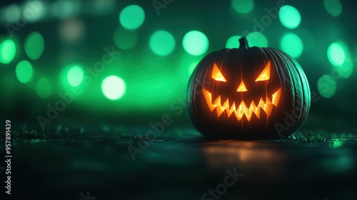 Wallpaper Mural Futuristic Hologram Pumpkin Carvings in Eerie Green Light with Copy Space for Text, Selective Focus - Ultra HD Torontodigital.ca