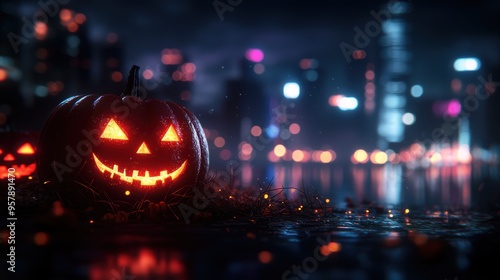 Wallpaper Mural Neon Cyberpunk Jack-o'-lantern in Glitchy Cityscape - Futuristic Halloween Concept with Copy Space Torontodigital.ca