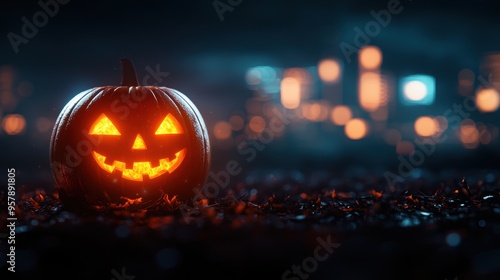 Wallpaper Mural Illuminated Pumpkin in Virtual Reality Futuristic Cityscape with Eerie Glow - Copy Space for Text Torontodigital.ca