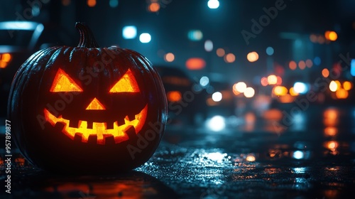 Wallpaper Mural Glowing Cyberpunk Jack-o'-lantern on Neon-lit Street with Glitch Effect in Dark Background, Ultra HD - Halloween Concept Torontodigital.ca