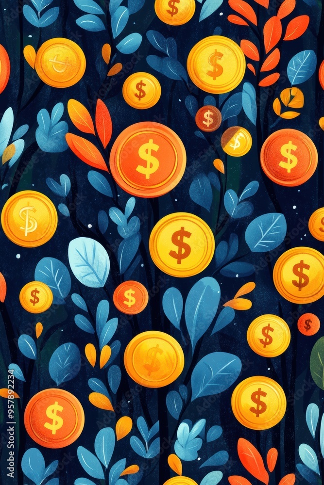 Seamless Background with Happy Financial Elements like Money Trees, Golden Coins, and Dollar Signs Seamless Background with Happy Financial Elements like Money Trees, Golden Coins, and Dollar Signs