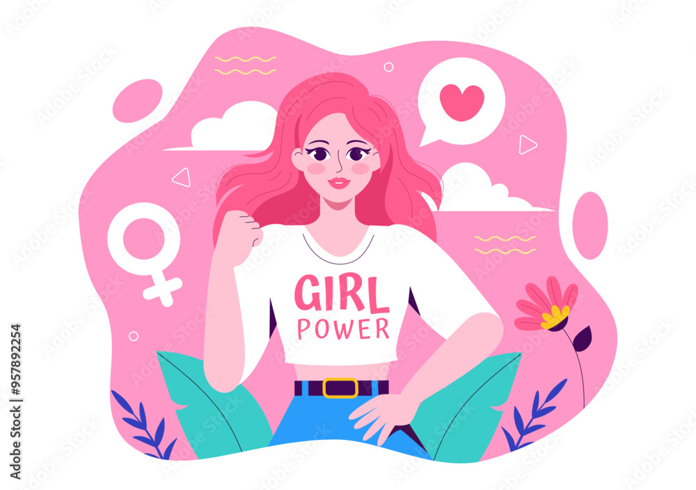 Obraz premium Girl Power Vector Illustration to Women as Strong and Independent, Advocating for Women's Rights and Diversity in a Flat Style Cartoon Background
