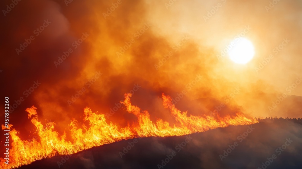 Naklejka premium Nature's fury as a blazing wildfire consumes a hillside, with flames racing upward and smoke obscuring the sun, emphasizing the destructive power of fire