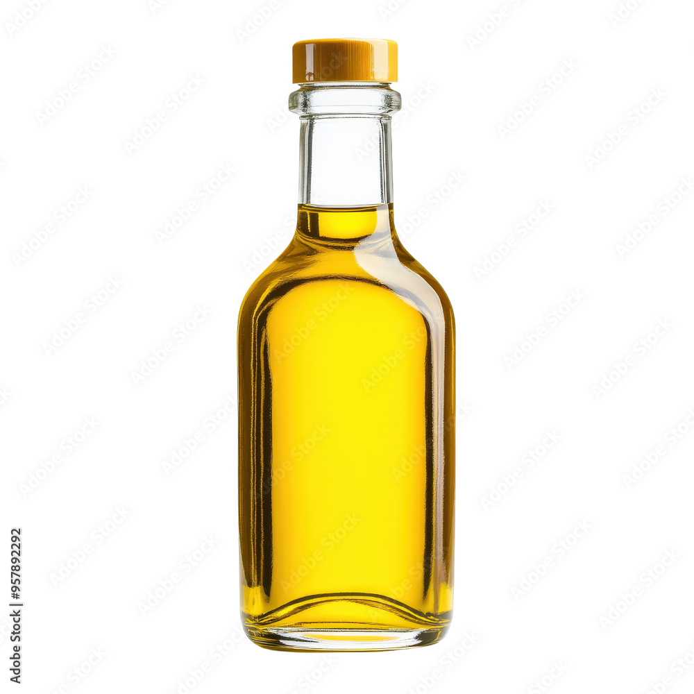 Clear glass bottle filled with golden oil, perfect for culinary or cosmetic purposes. Isolated on a white background with lighting contrast. Clear glass bottle filled with golden oil, perfect for culinary or cosmetic purposes. Isolated on a white background with lighting contrast.