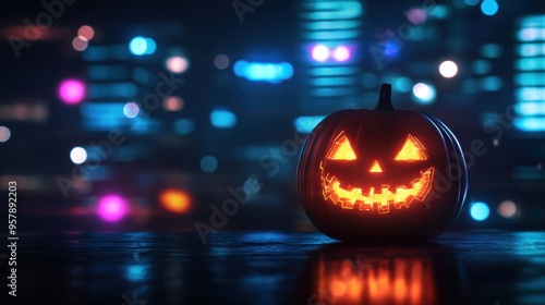 Wallpaper Mural Futuristic Hologram Pumpkin Digital Carvings in Glitch Effect with Neon-Lit Cityscape Background, Selective Focus, Copy Space for Text, Ultra HD Torontodigital.ca