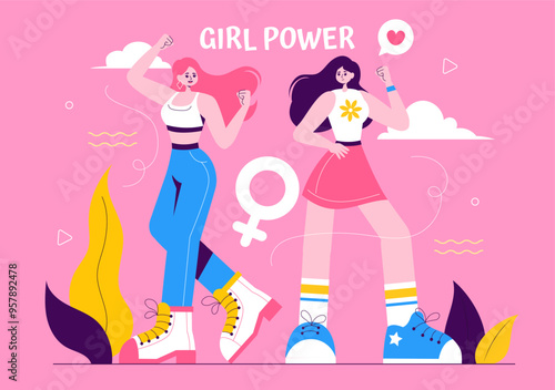 Girl Power Vector Illustration to Women as Strong and Independent, Advocating for Women's Rights and Diversity in a Flat Style Cartoon Background