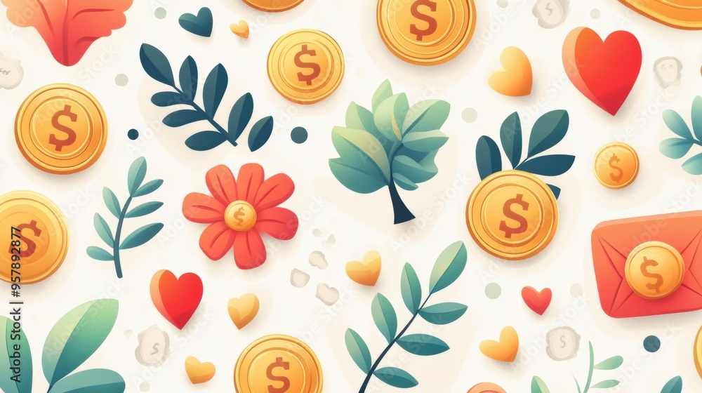 Seamless Background with Happy Financial Elements like Money Trees, Golden Coins, and Dollar Signs Seamless Background with Happy Financial Elements like Money Trees, Golden Coins, and Dollar Signs
