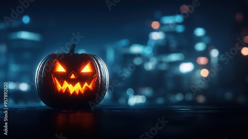 Wallpaper Mural Futuristic Holographic Pumpkin Carvings in Eerie Cityscape with Copy Space, Selective Focus. Torontodigital.ca