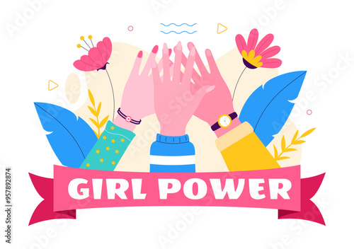 Girl Power Vector Illustration to Women as Strong and Independent, Advocating for Women's Rights and Diversity in a Flat Style Cartoon Background