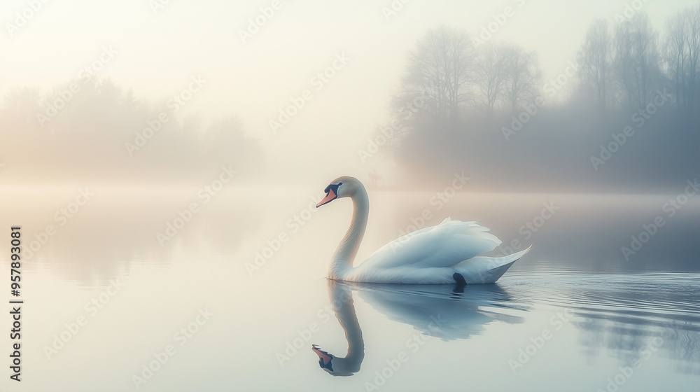Obraz premium A serene white swan gliding across a calm, misty lake at dawn, with reflections on the water