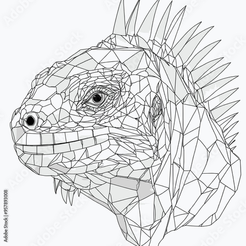 Geometric line drawing of an iguana head with intricate polygonal shapes and spines, emphasizing precision and artistic minimalism in reptile design