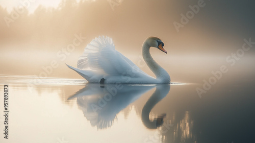 A serene white swan gliding across a calm, misty lake at dawn, with reflections on the water