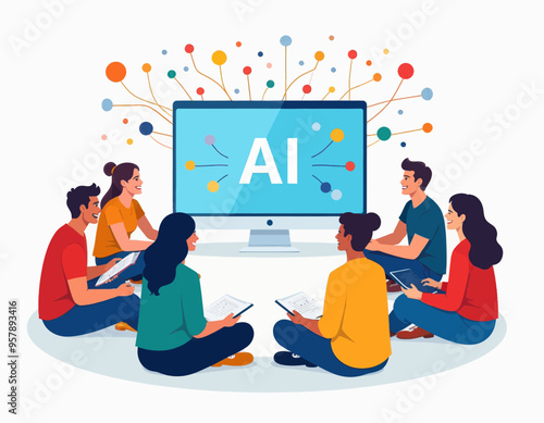 AI-Enhanced Collaboration: A Group of People Engaging with a Large Screen Displaying AI-Related Content