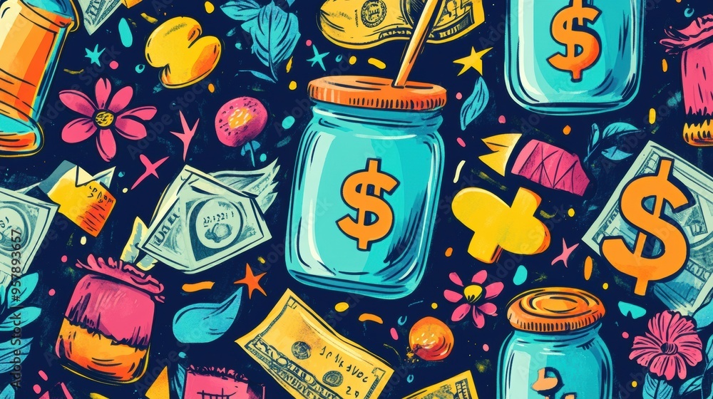 Fototapeta premium Financial Freedom Design with Bright Doodles of Savings Jars, Investment Icons, and Cheerful Dollar Bills