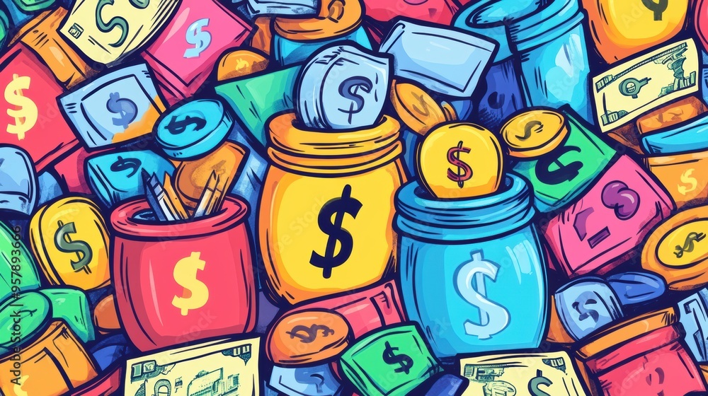 Fototapeta premium Financial Freedom Design with Bright Doodles of Savings Jars, Investment Icons, and Cheerful Dollar Bills