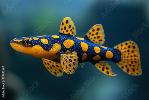 A Yellow and Blue Spotted Fish Swimming in Water photo