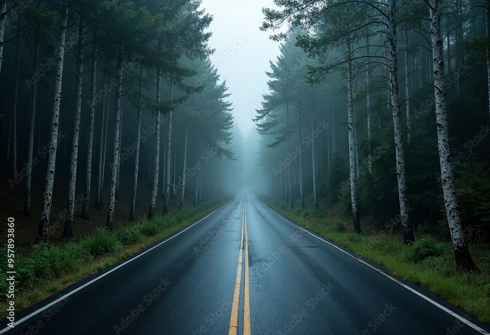 Long winding road through a misty forest with tall, dark trees, wet and reflective from recent rain, moody atmosphere. Long winding road through a misty forest with tall, dark trees, wet and reflective from recent rain, moody atmosphere.