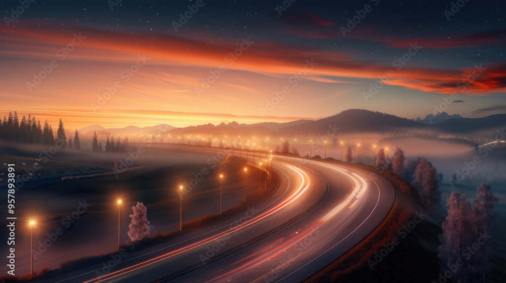 Highway Through Misty Mountains at Sunset Highway Through Misty Mountains at Sunset