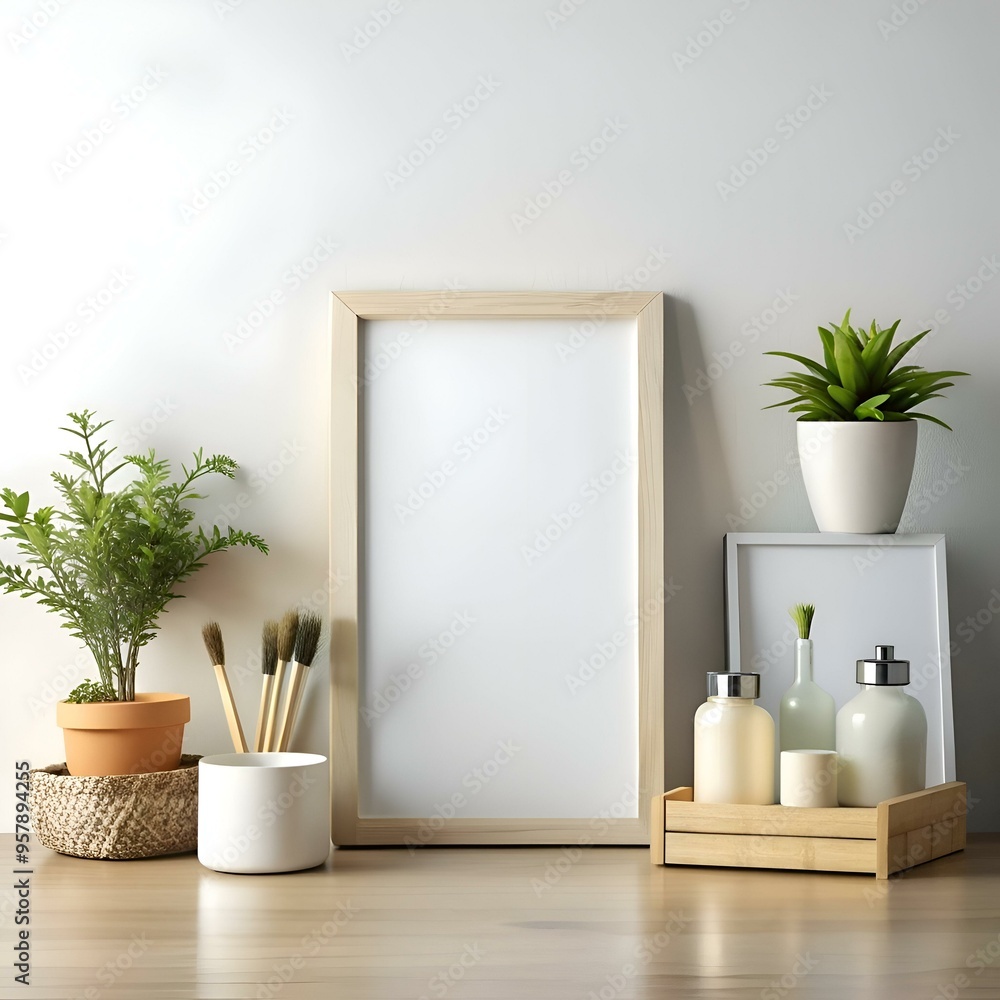 A minimalist and modern still life featuring a blank picture frame. plants. and simple decor. A minimalist and modern still life featuring a blank picture frame. plants. and simple decor.