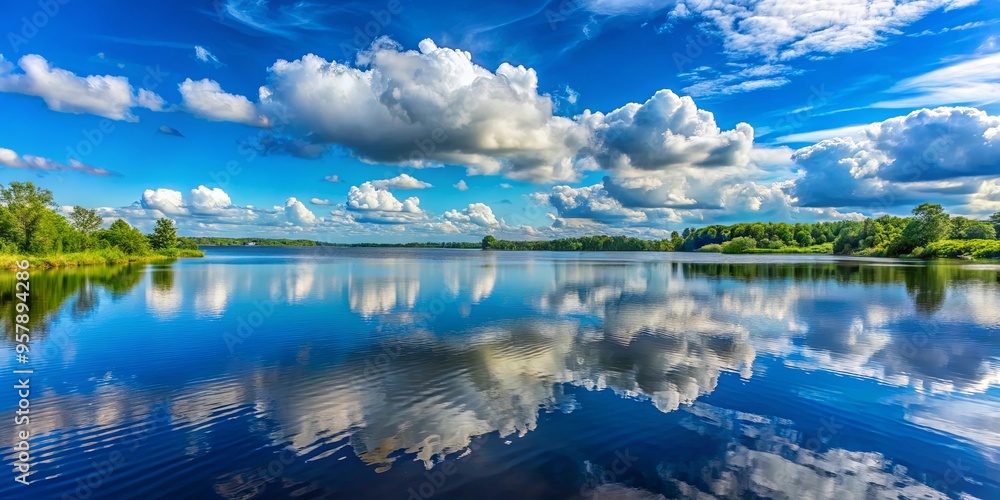 A serene lake under a beautiful blue sky with scattered clouds A serene lake under a beautiful blue sky with scattered clouds