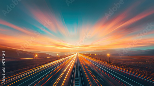 Highway at Sunset with Light Trails