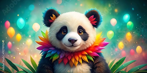 Stock photo of a cute panda with colorful feathers in a whimsical and playful setting