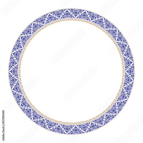 Vector Round Gold and blue Islamic Asian Kazakh national ornament. Ethnic Islamic Asian Kazakh pattern of the nomadic peoples of the great steppe, the Kazakh, Turks, Mongols, Kyrgyz, Buryats, Kalmyks.