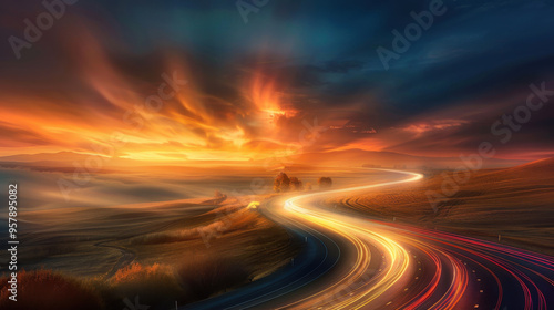 Winding Road at Sunset with Light Trails