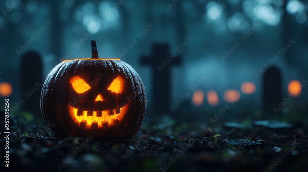Eerie Jack-o'-Lantern in Misty Cemetery with Copy Space, Selective Focus on Creepy Hollow Stare - Ultra HD Eerie Jack-o'-Lantern in Misty Cemetery with Copy Space, Selective Focus on Creepy Hollow Stare - Ultra HD