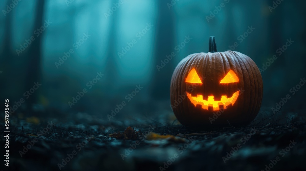 Eerie Glowing Pumpkin in Haunted Forest Fog - Halloween Jack O'Lantern with Copy Space, Selective Focus, Ultra HD Eerie Glowing Pumpkin in Haunted Forest Fog - Halloween Jack O'Lantern with Copy Space, Selective Focus, Ultra HD