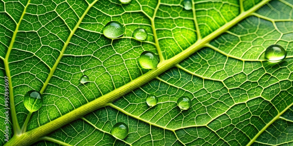 Fototapeta premium Close-up of a vibrant green leaf texture with visible veins and water droplets