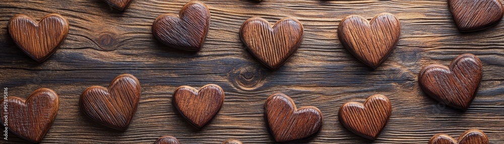 Wooden Hearts on Rustic Wood Background Wooden Hearts on Rustic Wood Background