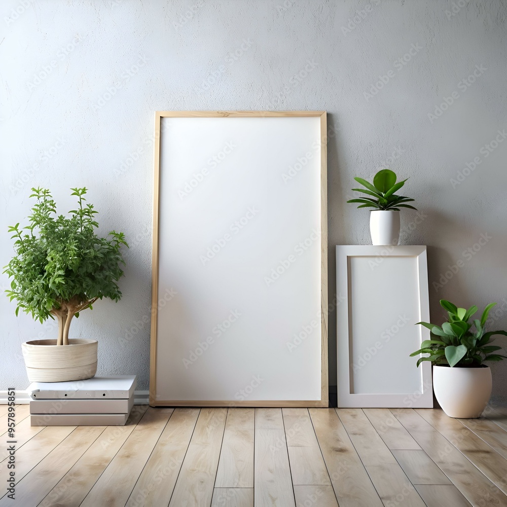 Two blank frames in a minimalist interior setting with wooden floors and plants. Two blank frames in a minimalist interior setting with wooden floors and plants.