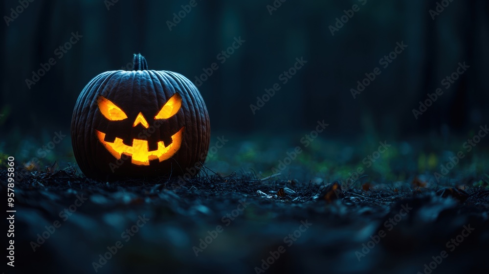 Sinister Glowing Pumpkin in Eerie Forest Night - Halloween Concept with Copy Space, Selective Focus, Ultra HD Sinister Glowing Pumpkin in Eerie Forest Night - Halloween Concept with Copy Space, Selective Focus, Ultra HD