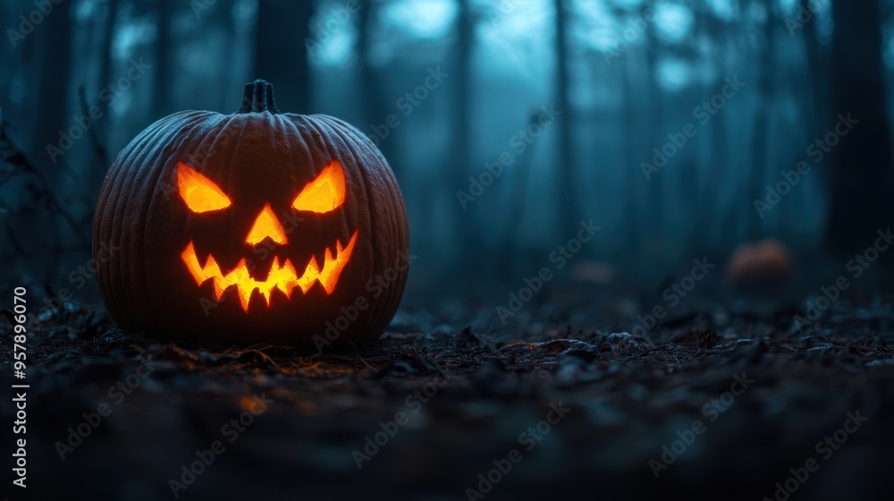 Spooky Jack-o'-lantern in Haunted Forest Night Scene with Stormy Sky - Halloween Concept with Copy Space Spooky Jack-o'-lantern in Haunted Forest Night Scene with Stormy Sky - Halloween Concept with Copy Space